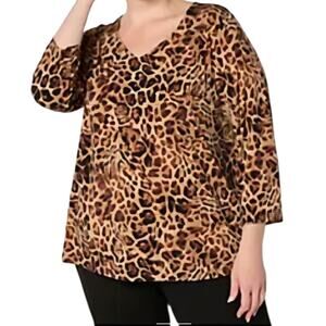 Susan Graver Leopard Print V-Neck Pullover 3/4 Sleeves Size L